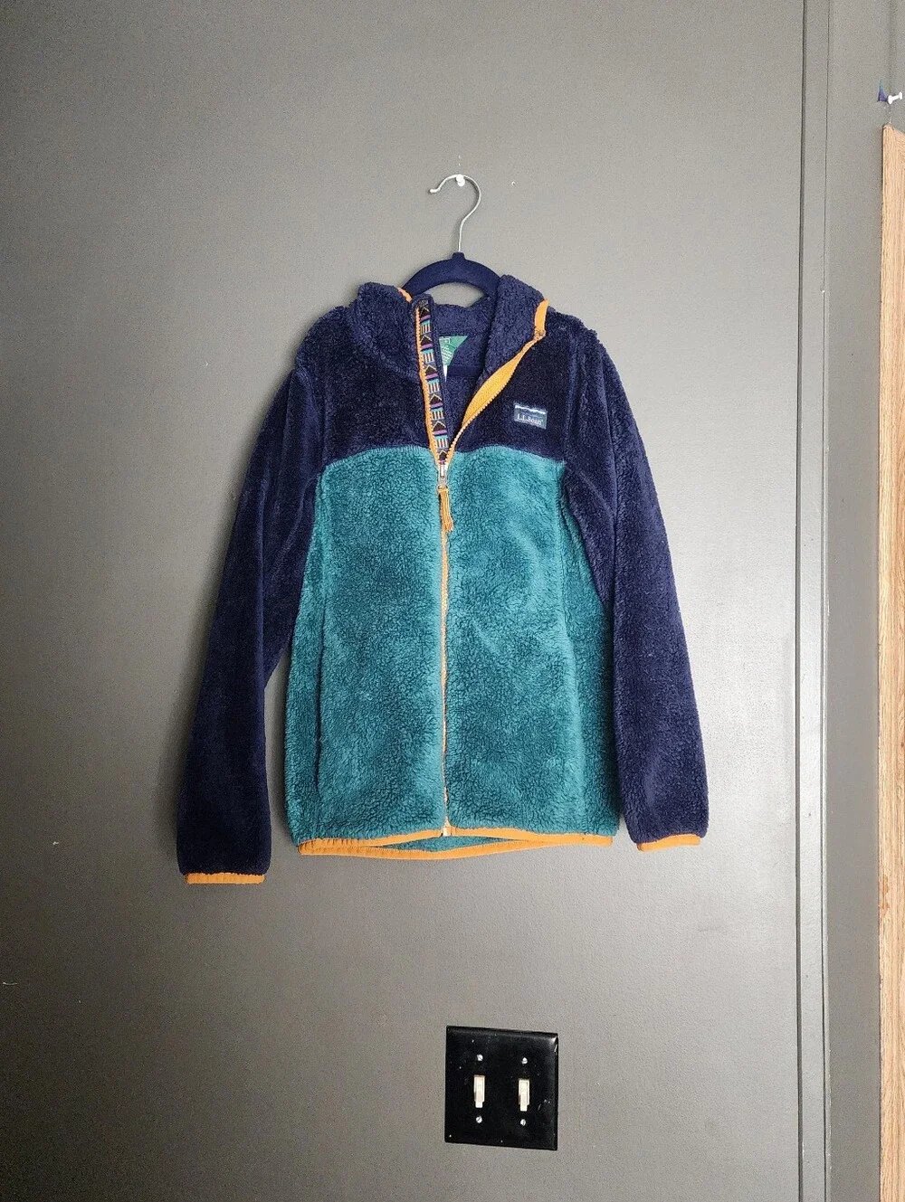 L.L. Bean Kids Hi-Pile color patchwork soft fluffy Fleece Hooded zip up Jacket